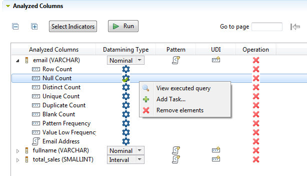 Contextual menu of a indicator in the Analyzed columns section.