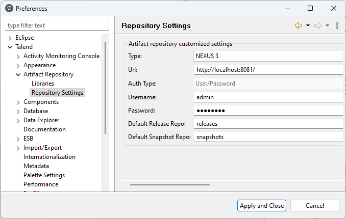 Repository Settings section of the Preferences dialog box.