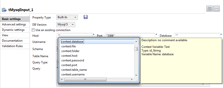 Basic settings view of the component.