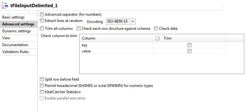 Advanced settings view of a component.