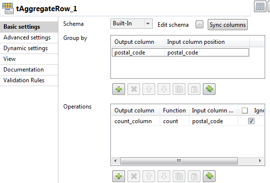 Overview of the tAggregateRow basic settings.