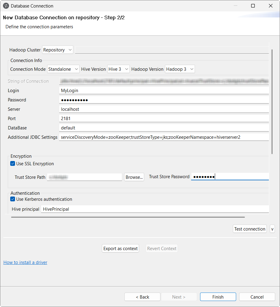 New Database Connection on repository - Step 2/2 dialog box showing Hive settings.