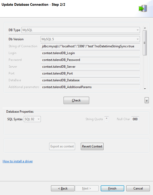 Update Database Connection - Step 2/2 dialog box.