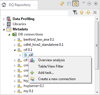 Contextual menu of a DB connection from the Profiling perspective.