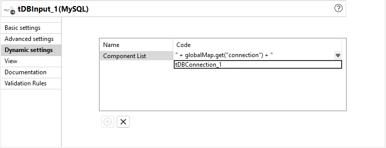 Code column cell drop-down list in Dynamic settings view of a component.