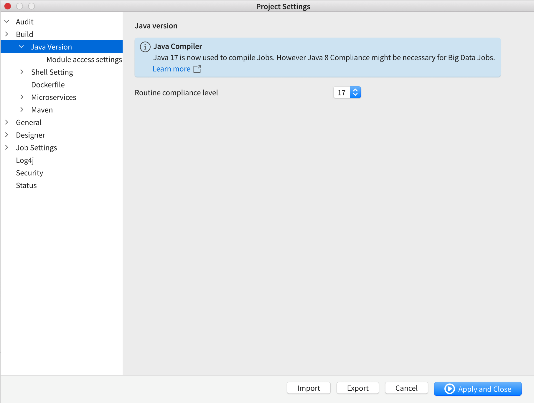 Java Version configuration in the Project Settings dialog box.