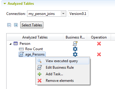 Contextual menu of a business rule in the Analyzed Tables section.