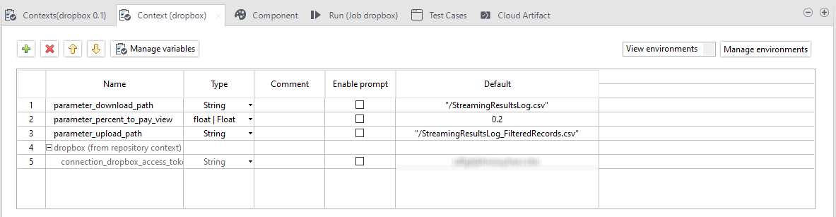 Screenshot of context parameters and their values in the Context view.