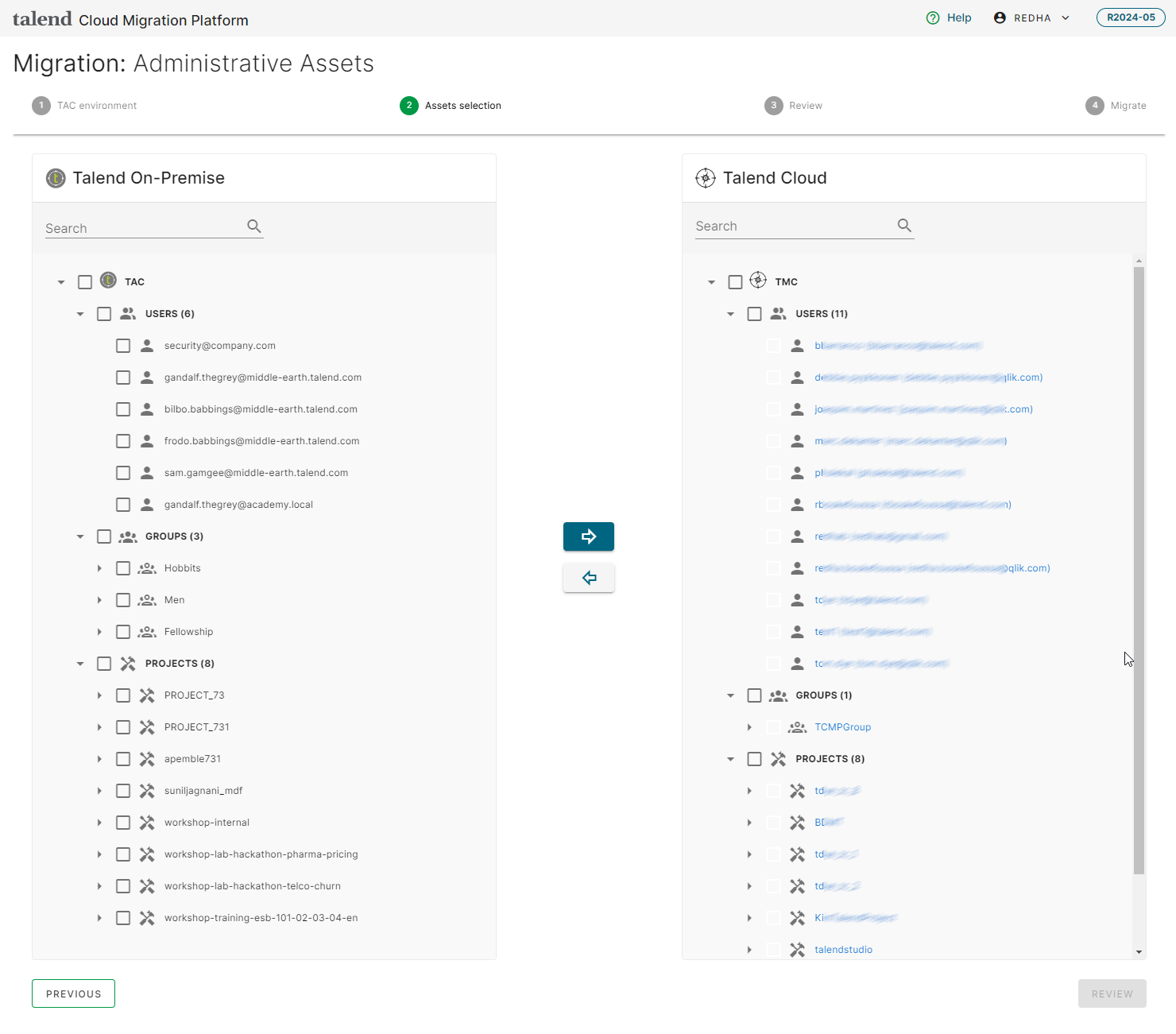 Assets selection step with the arrows used to move the assets