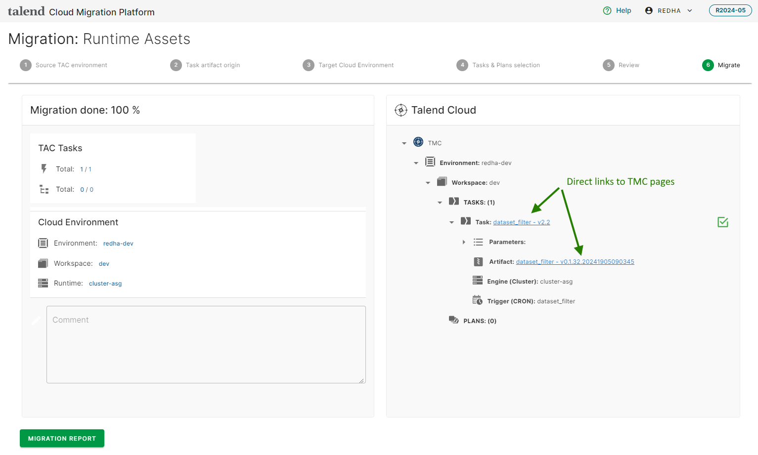 Migrate step with the direct links to TMC page of the plan highlighted