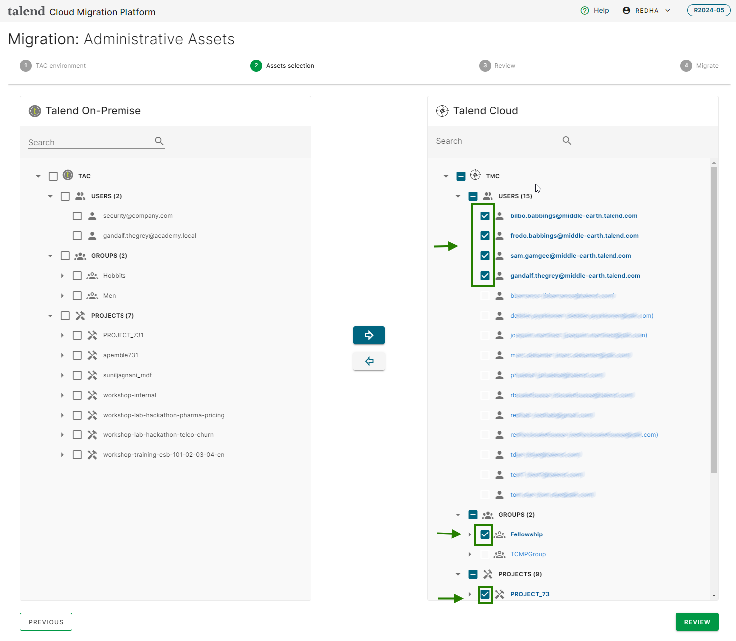 Assets selection step with assets selected