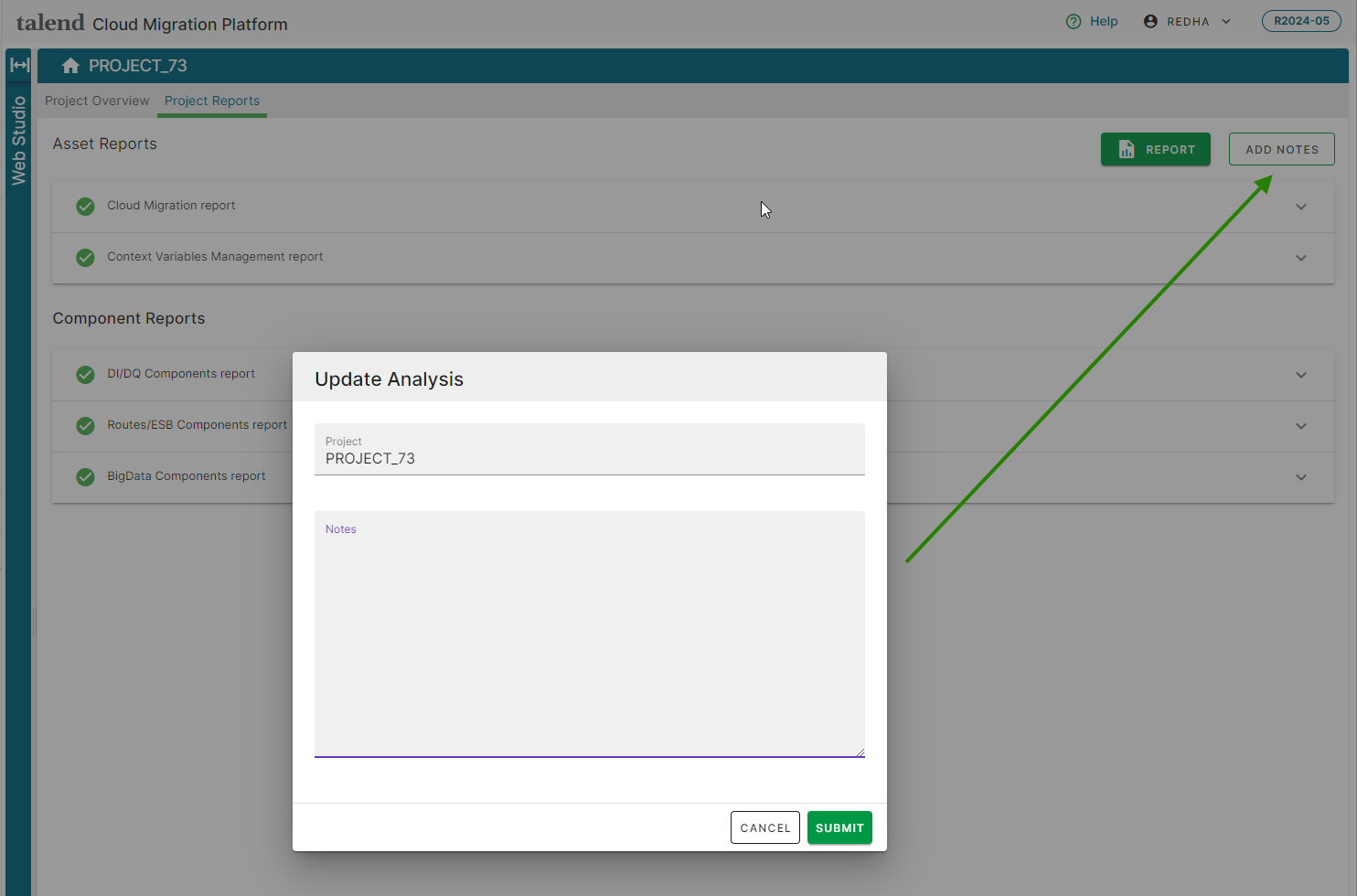 Update Analysis page with Project_73 as the Project name