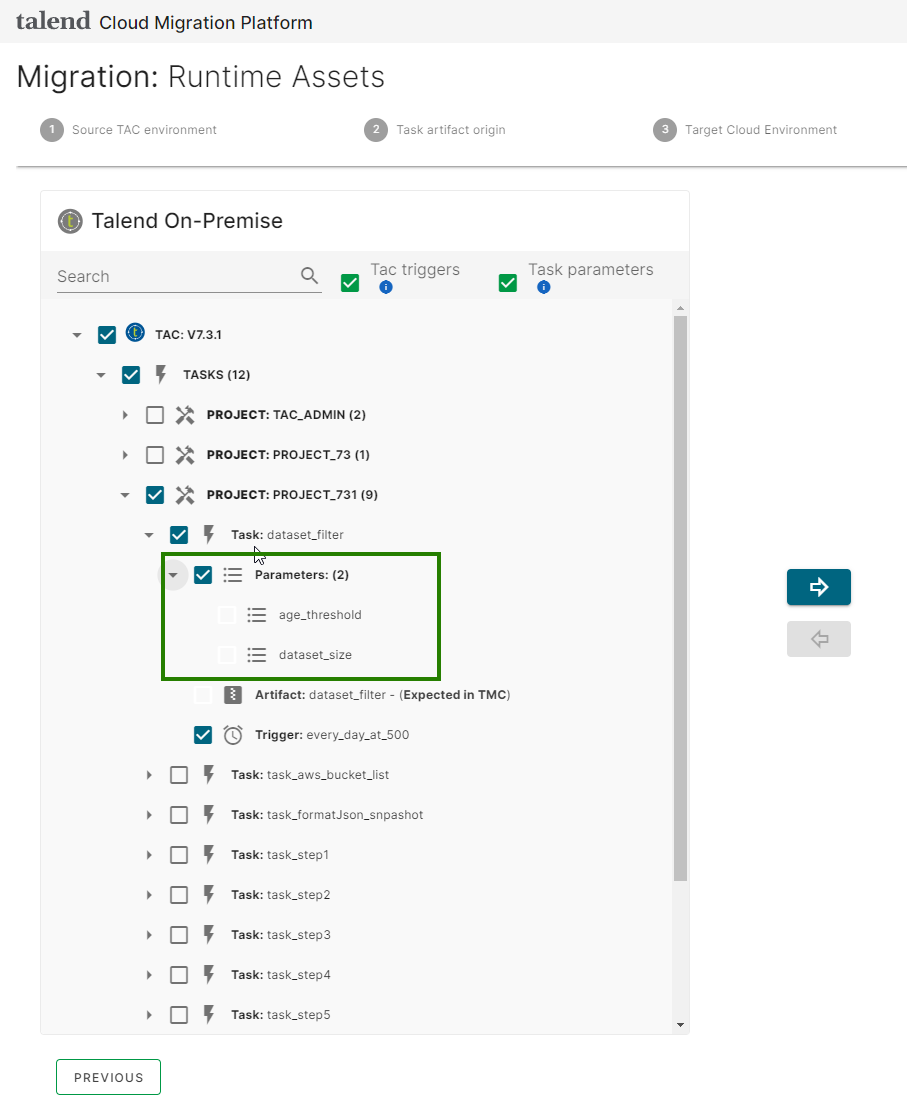 Talend Administration Center task parameters selected