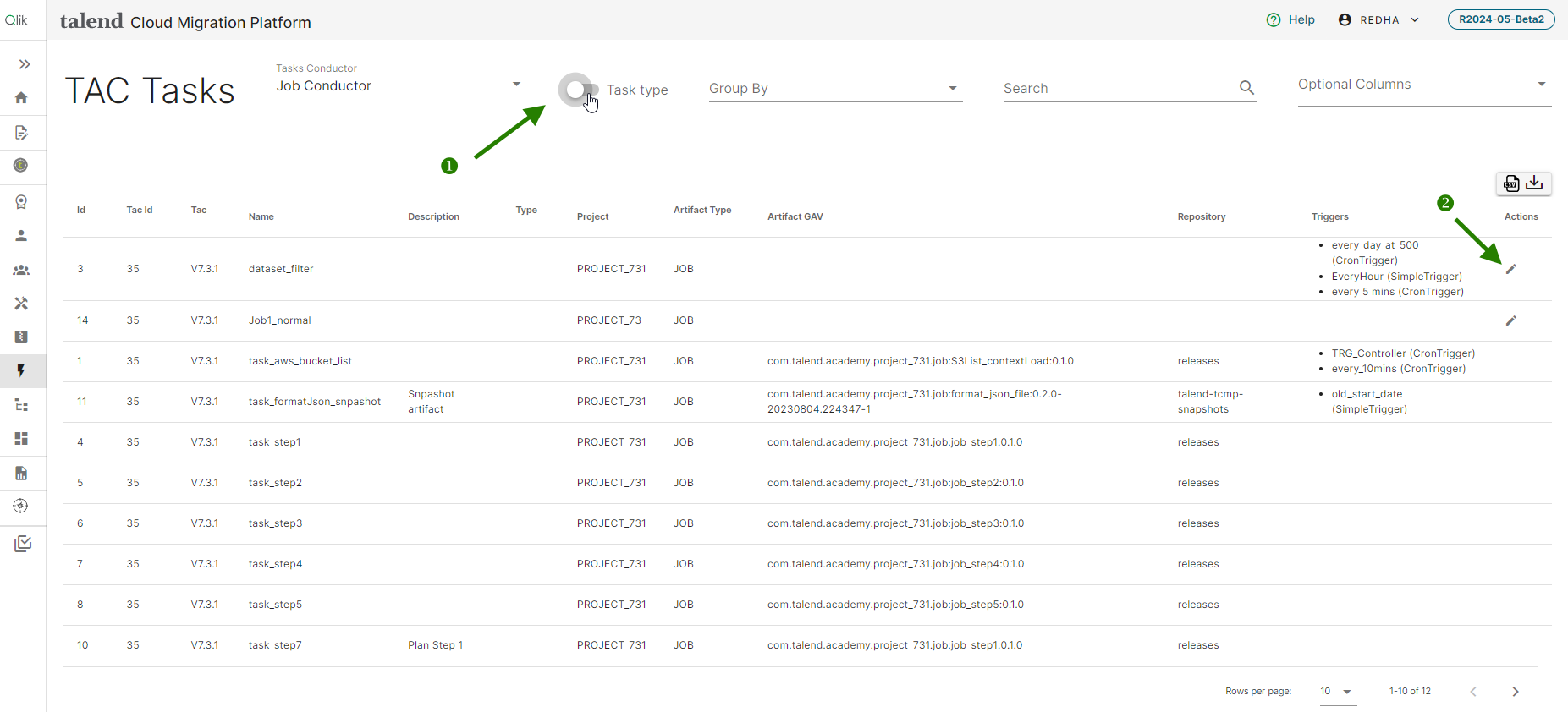 Talend Administration Center Job Conductor tasks page with the Task type option and the pencil icon highlighted