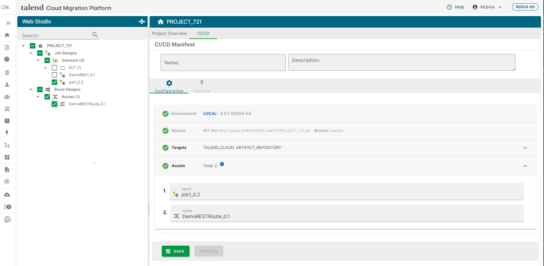 CI/CD manifest page with the Assets section highlighted