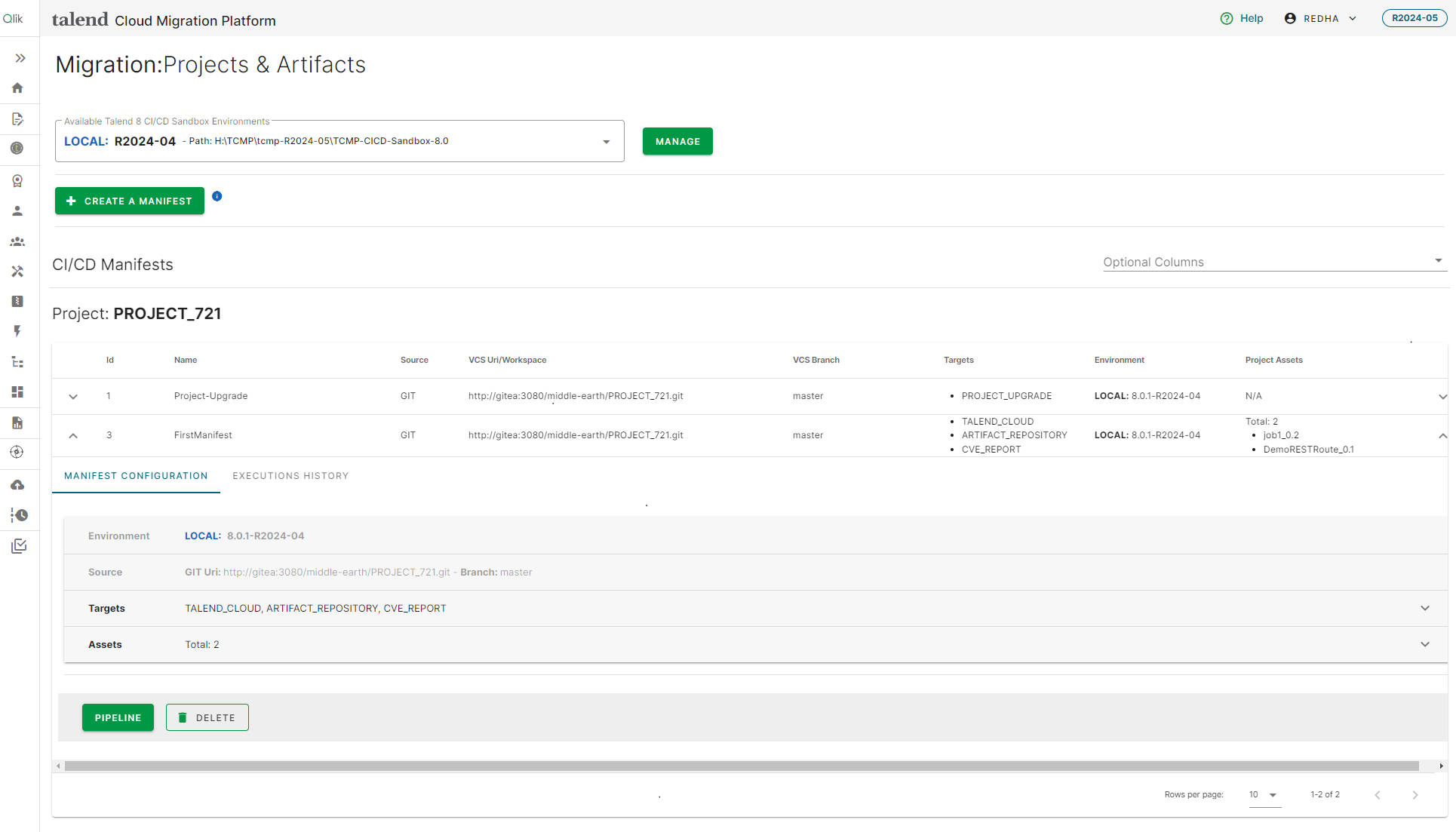 List of project manifests on Talend Cloud Migration Platform