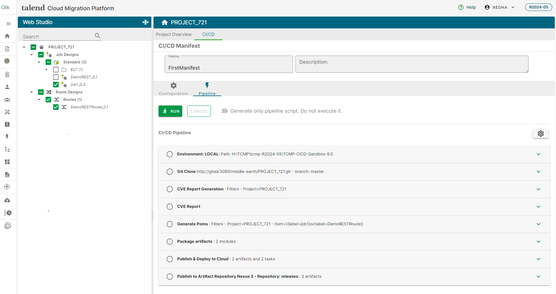 Pipeline tab with the different steps available