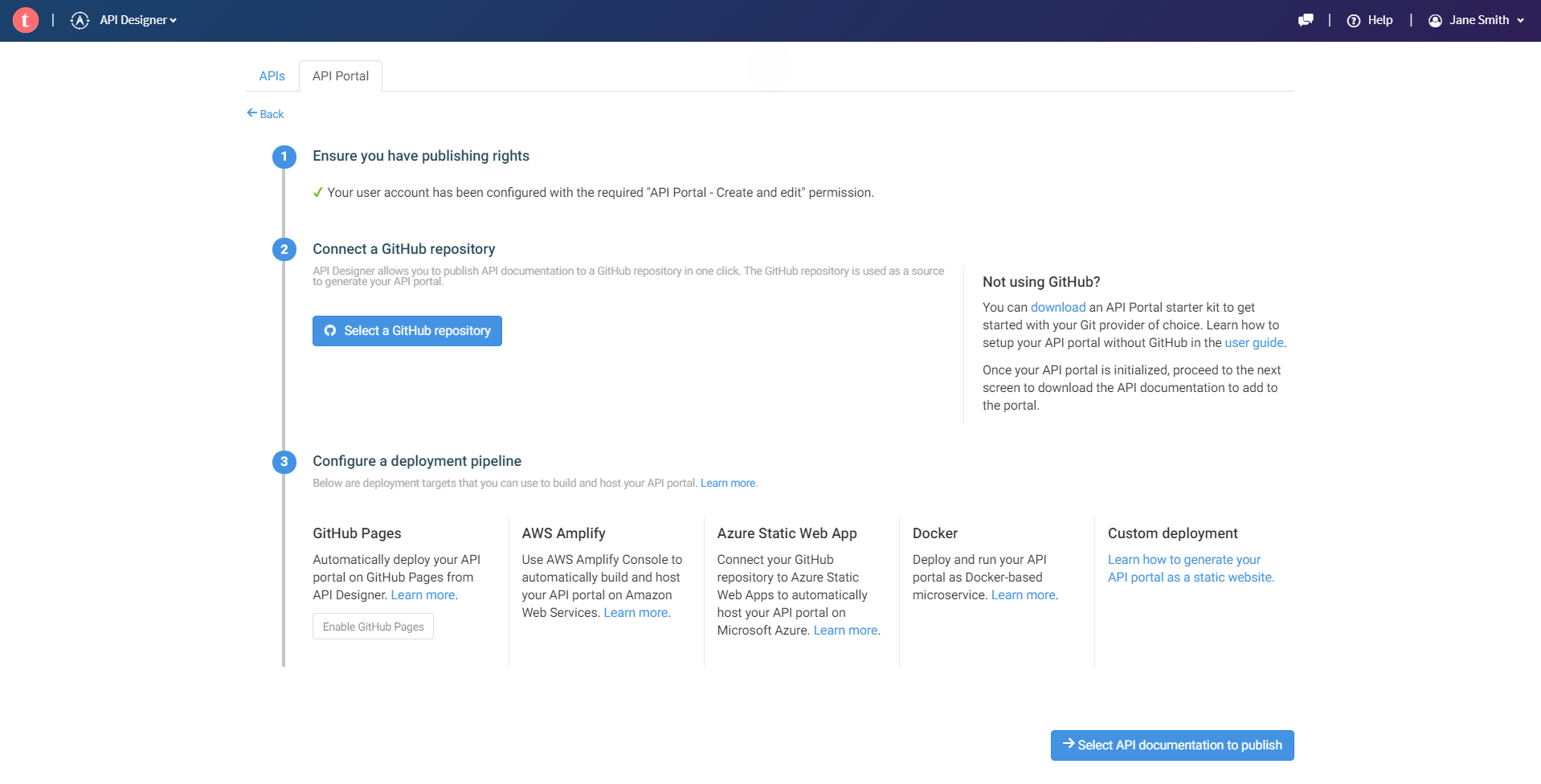 Page de configuration d'API Portal.