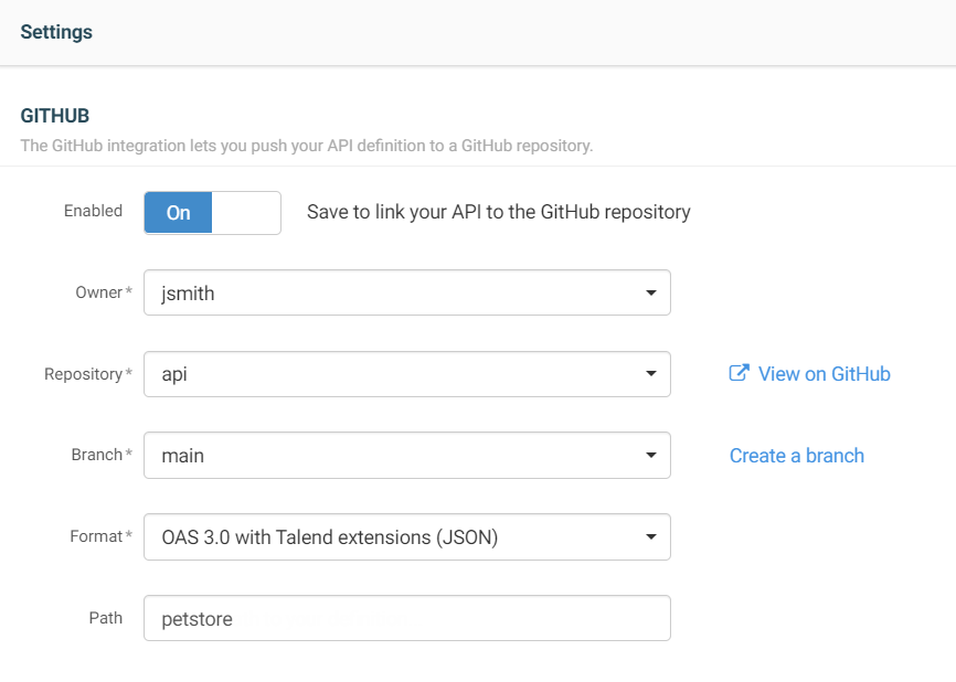 Paramètres d'exemple pour lier la définition d'API à un dépôt GitHub.