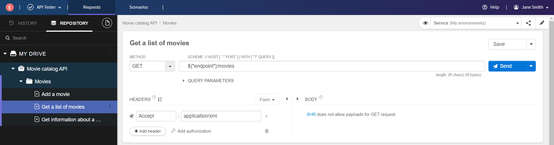 Exemple de configuration de l'URL de base d'une requête vers ${"endpoint"}/movies.