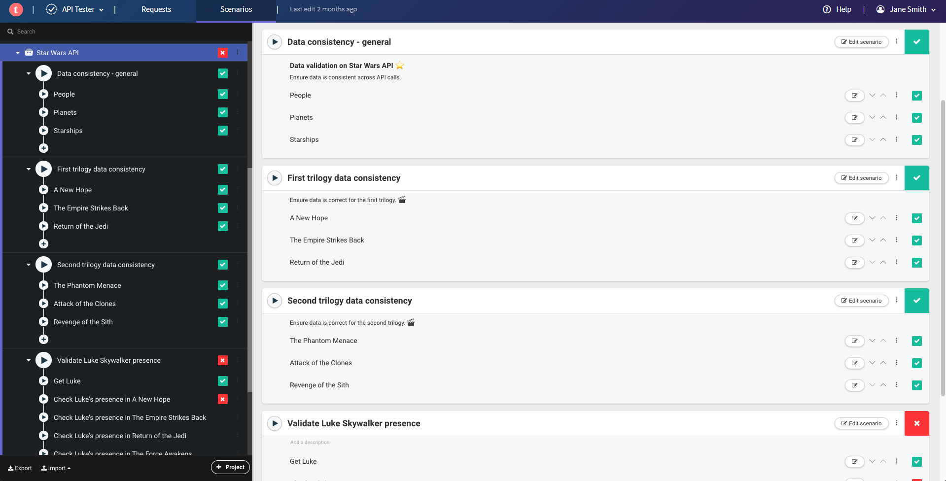 Dans cet exemple, les premiers scénarios contiennent des requêtes permettant de vérifier la cohérence des données dans les films Star Wars de chaque trilogie. Le dernier scénario valide la présence de Luke Skywalker dans les films.