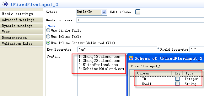 Vue Basic settings du tFixedFlowInput.