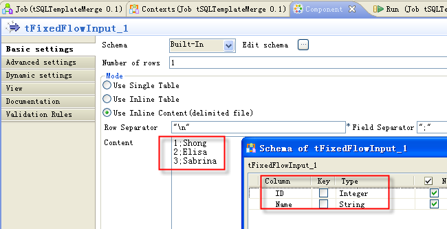 Vue Basic settings du tFixedFlowInput.