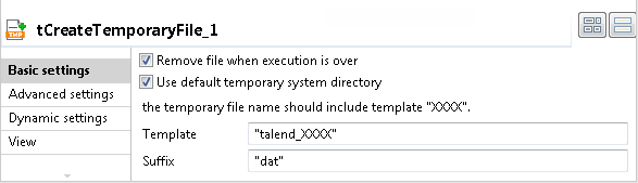 Vue Basic settings du tCreateTemporaryFile.