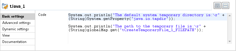 Vue Basic settings du tJava.