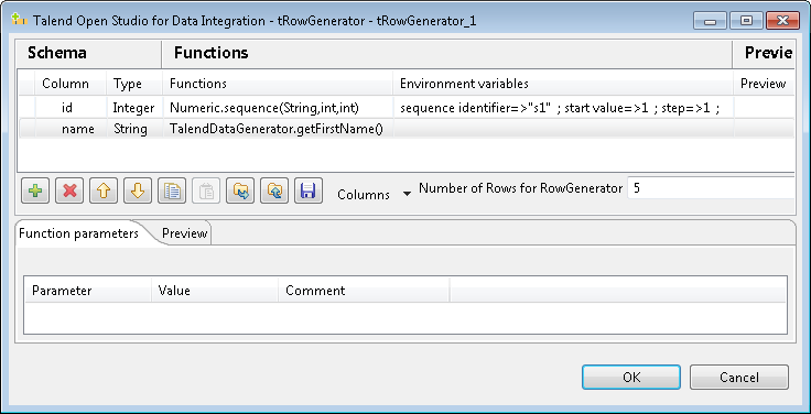 Fenêtre RowGenerator Editor.