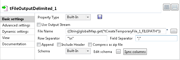 Vue Basic settings du tFileOutputDelimited.