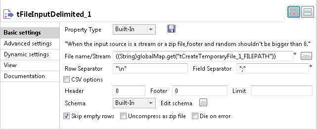 Vue Basic settings du tFileInputDelimited.