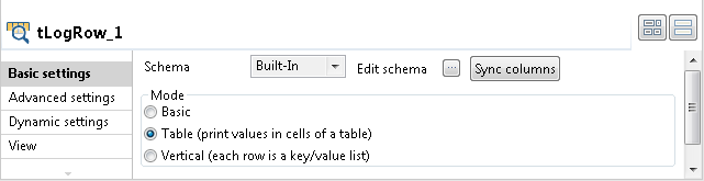 Vue Basic settings du tLogRow.