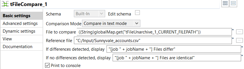 Vue Basic settings du tFileCompare.