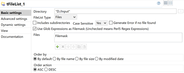 Vue Basic settings du tFileList.