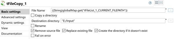 Vue Basic settings du tFileCopy.