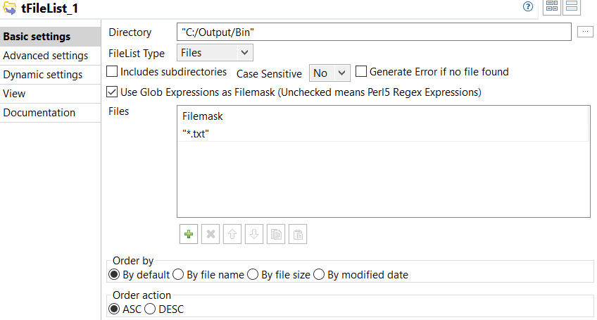 Vue Basic settings du tFileList.