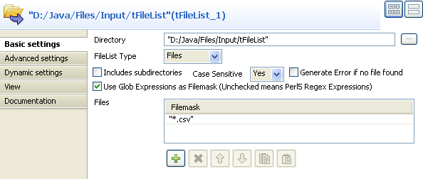 Vue Basic settings du tFileList.