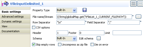 Vue Basic settings du tFileInputDelimited.