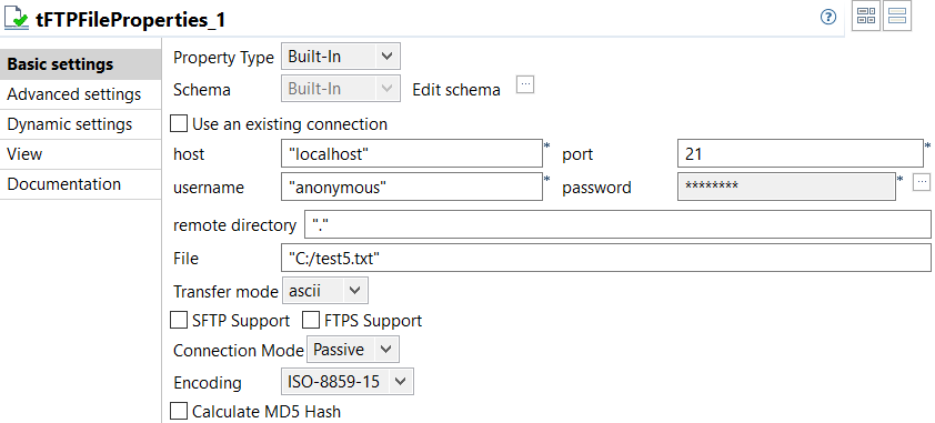 Vue Basic settings du tFileProperties.