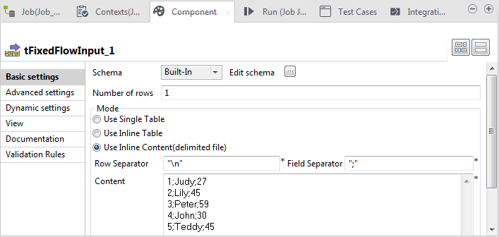 Vue Basic settings du tFixedFlowInput.