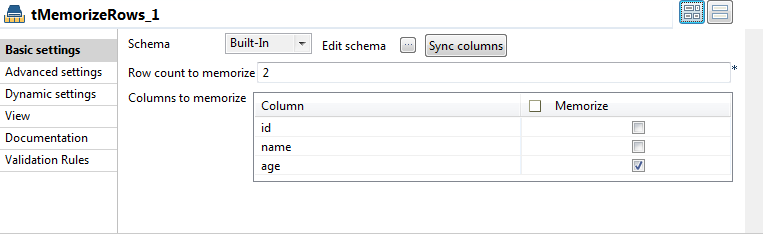 Vue Basic settings du tMemorizeRows.