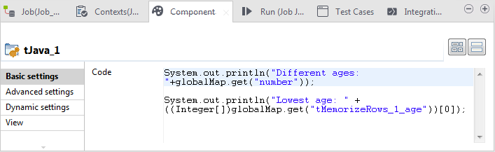 Vue Basic settings du tJava.