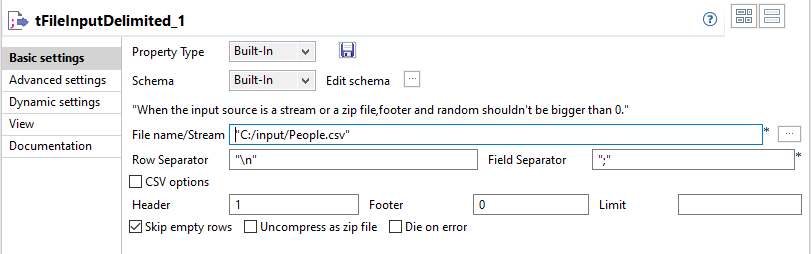 Configuration du composant tFileInputDelimited.