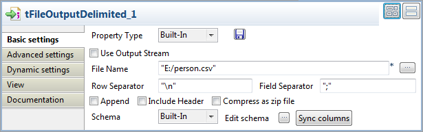 Vue Basic settings du tFileOutputDelimited.