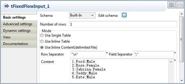 Vue Basic settings du tFixedFlowInput.