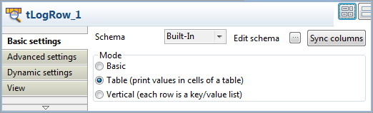 Vue Basic settings du tLogRow.