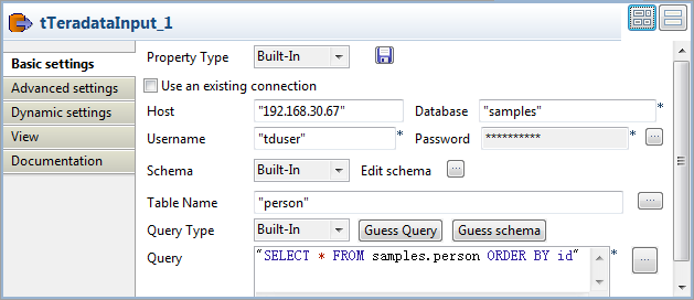 Vue Basic settings du tTeradataInput.