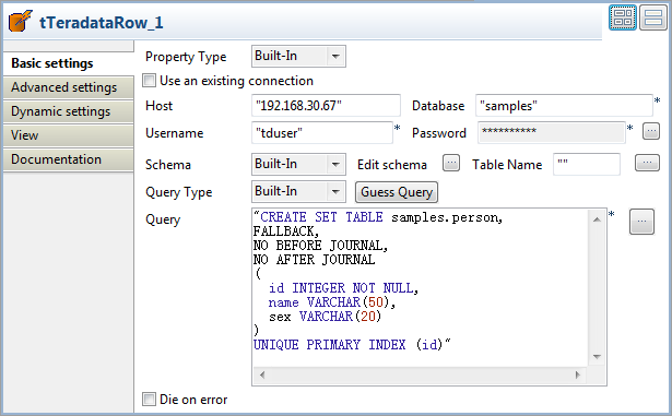 Vue Basic settings du tTeradataRow.