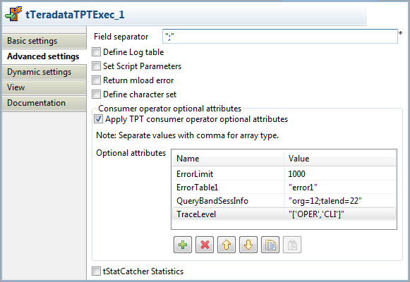 Vue Advanced settings du tTeradataTPTExec.